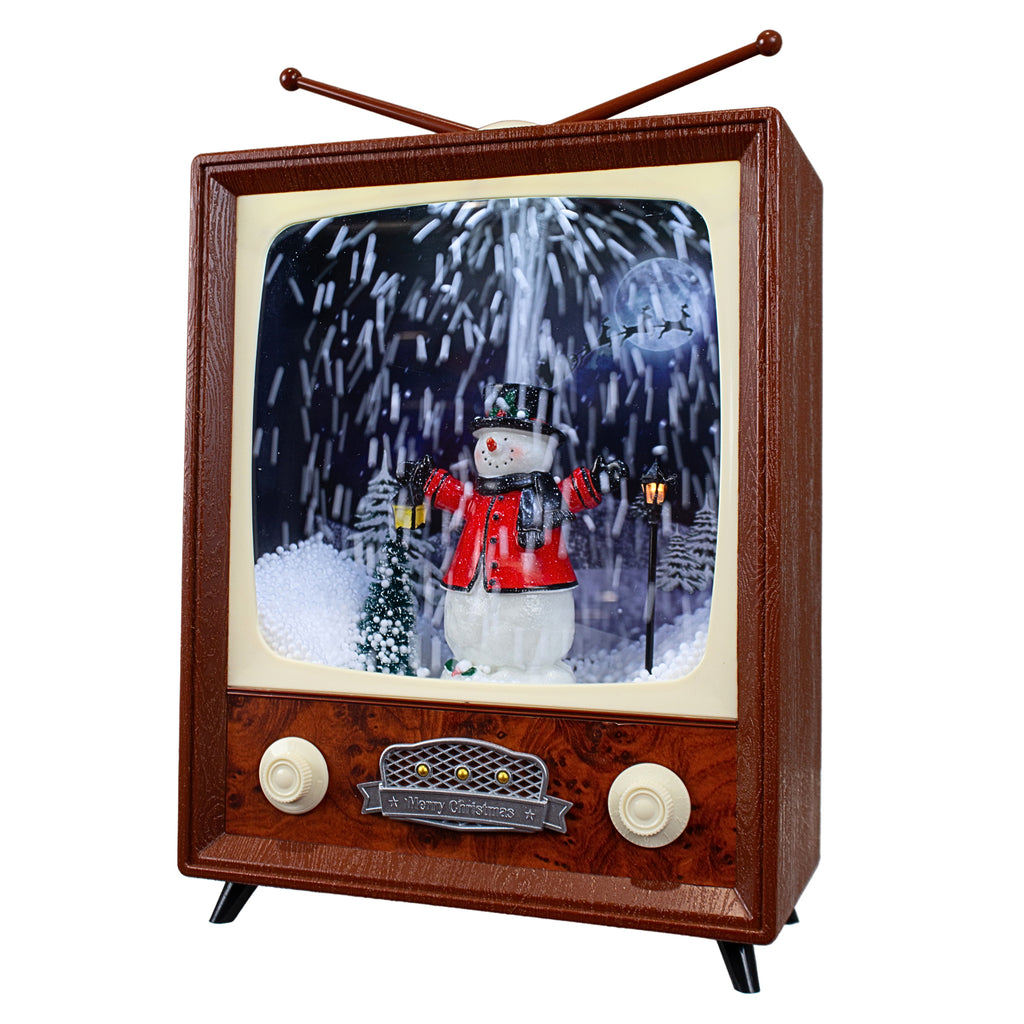 LED Schneelaterne Schneemann TV 30cm mit Musik, Licht und Schneewirbel