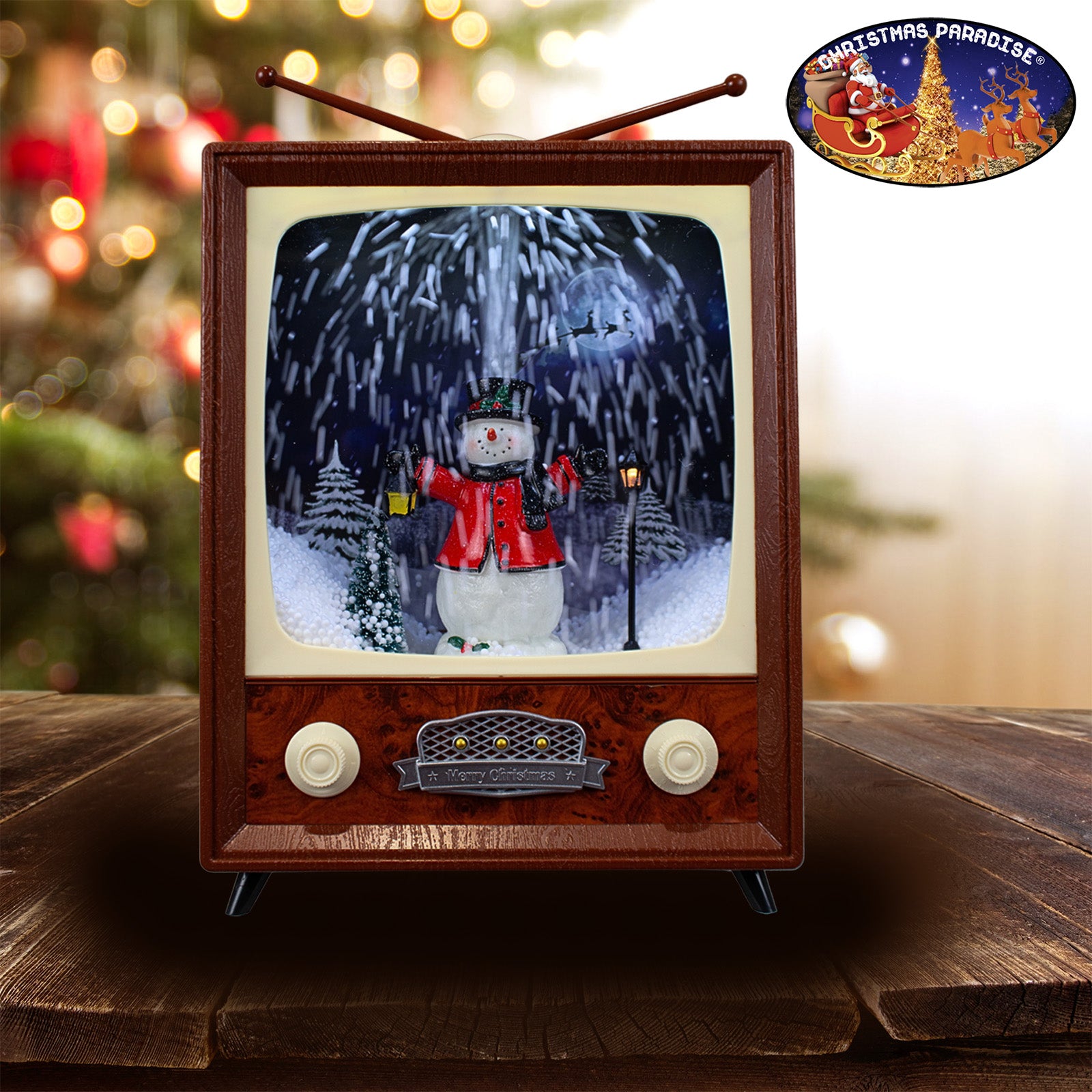 LED Schneelaterne Schneemann TV 30cm mit Musik, Licht und Schneewirbel