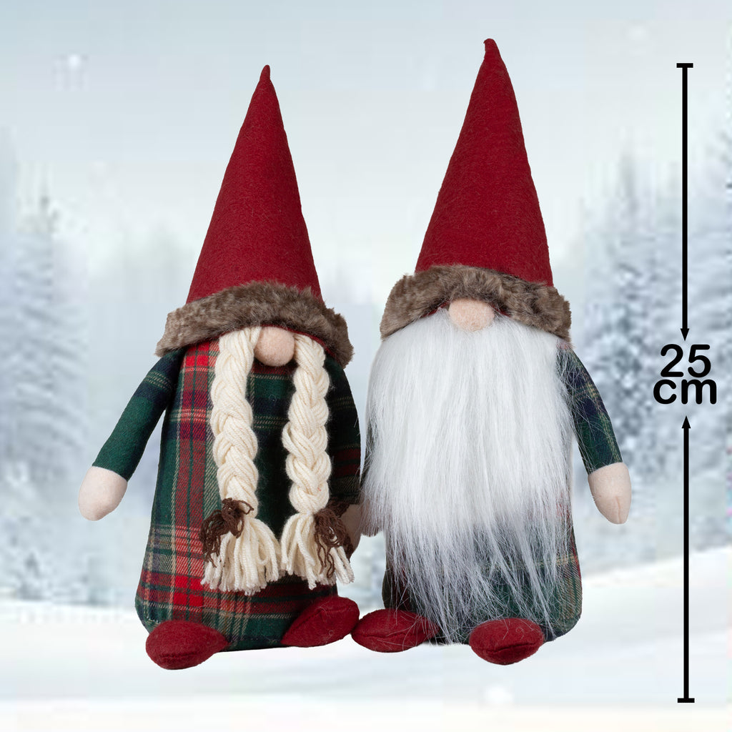 Wichtel sitzend 25 cm in 2 Designs. Dekofigur Gnom rot & grün kariert