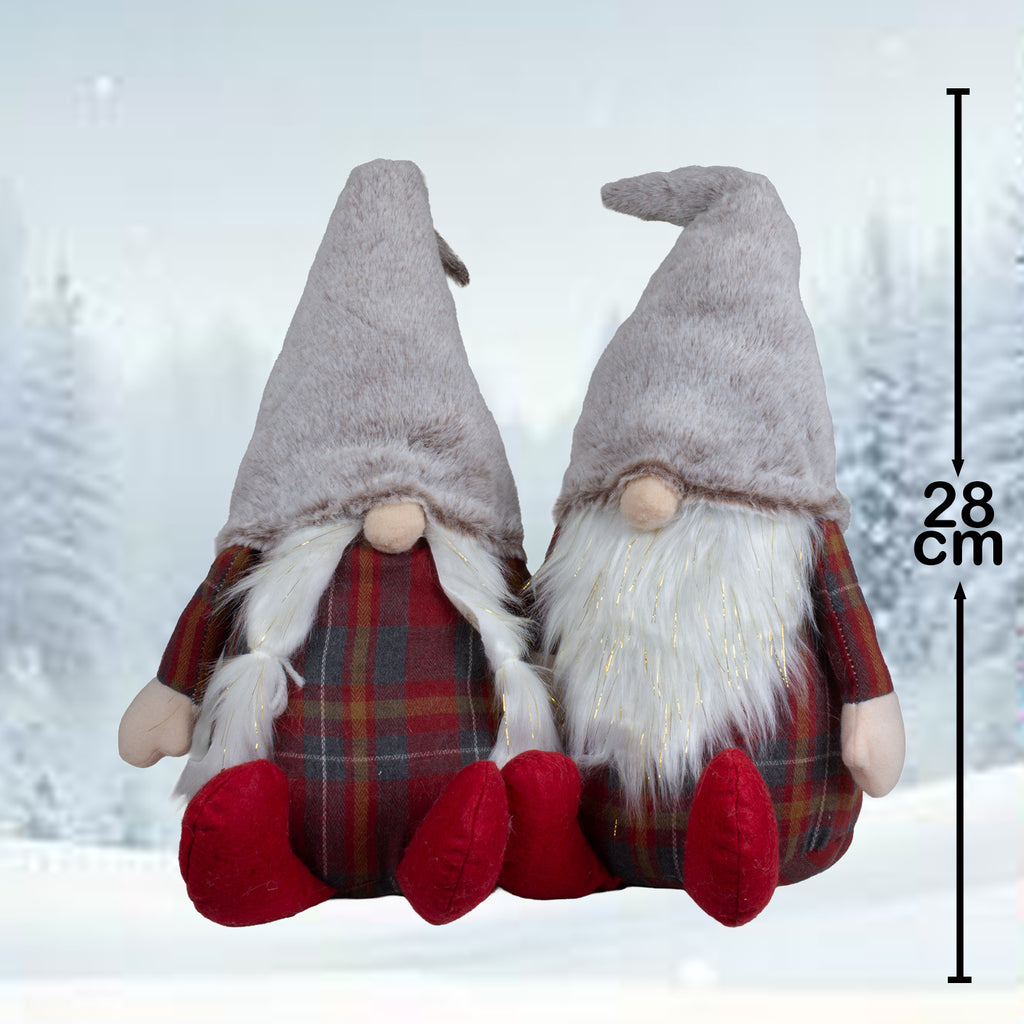 Wichtel sitzend 28cm (47cm) in 2 Designs. Dekofigur Gnom rot kariert