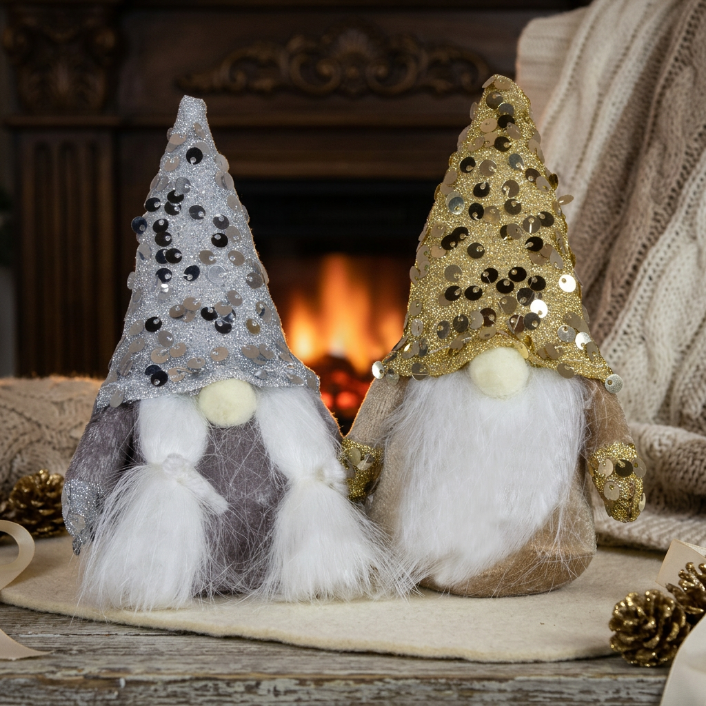 Wichtel stehend 15 cm in 2 Designs, Dekofigur Gnom mit glitzernden Pailletten in Gold & Silber.