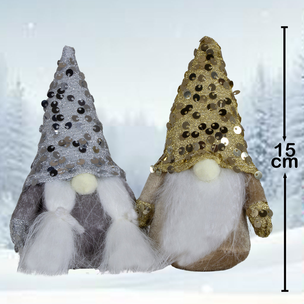 Wichtel stehend 15 cm in 2 Designs, Dekofigur Gnom mit glitzernden Pailletten in Gold & Silber.
