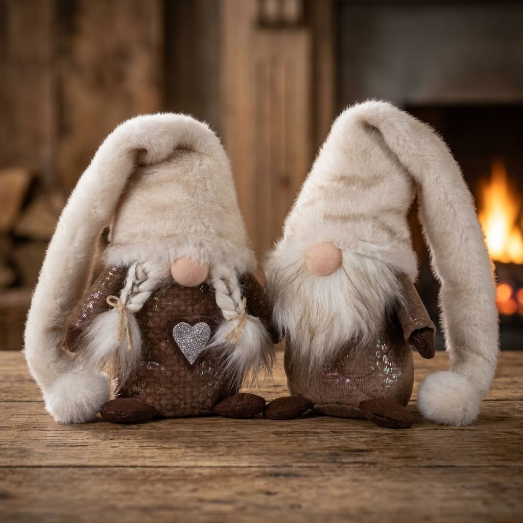 Weihnachtswichtel sitzend 23 cm – 2 Designs in Braun mit flauschiger Zipfelmütze, Plüschbart & Glitzerdetails