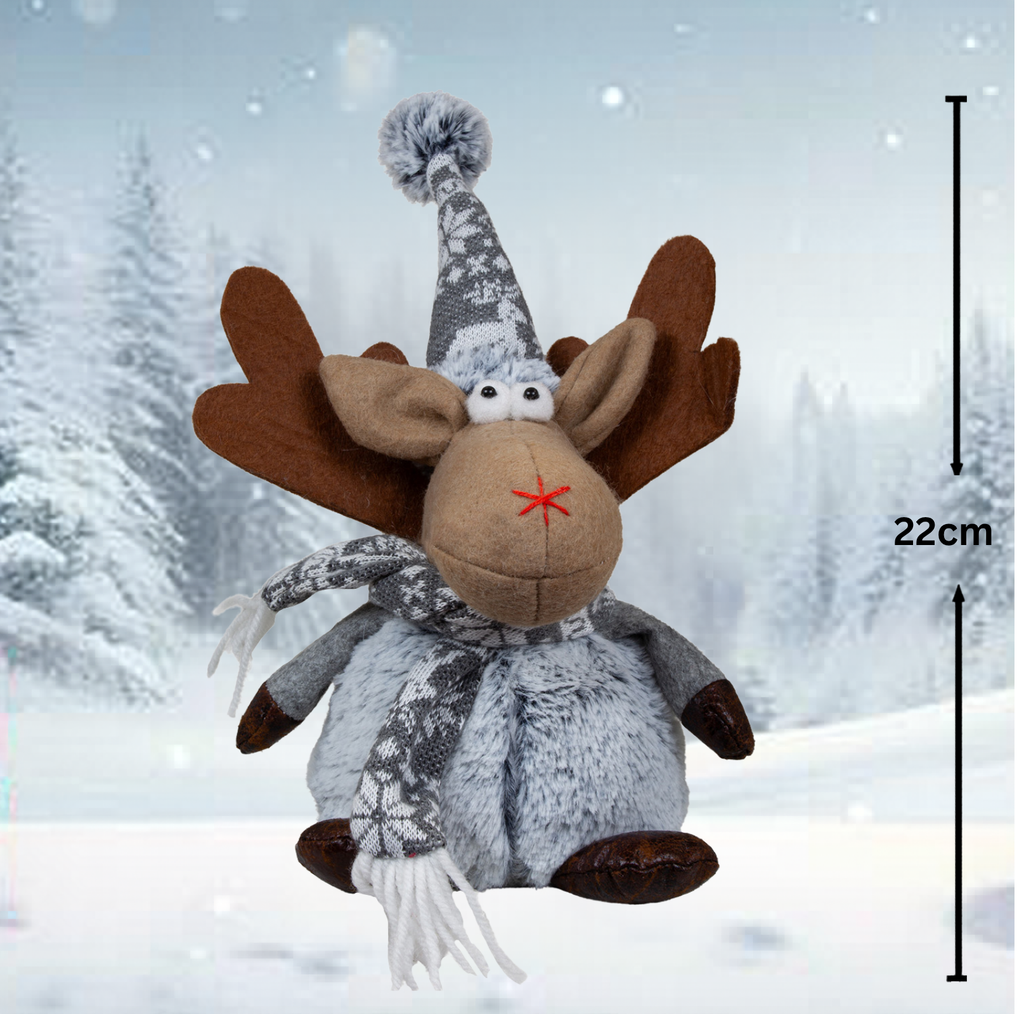 Elch sitzend 22cm (38cm) Dekofigur 2 Designs Hirsch rot-grau mit winterliche Zipfelmütze