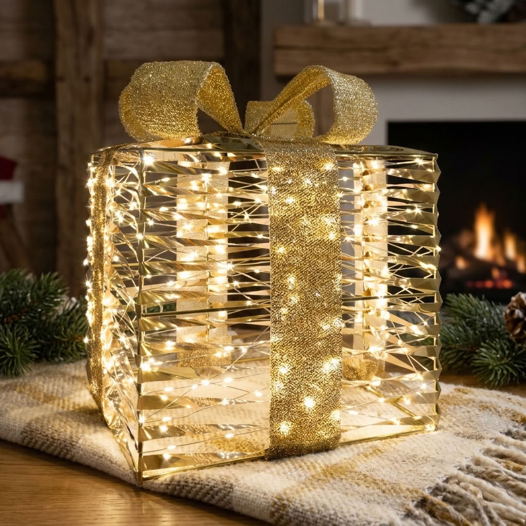 LED Geschenkbox warmweiß - Farbe gold - Höhe 36cm – mit Timer