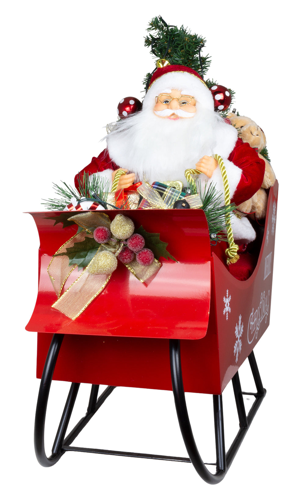 LED Weihnachtsmann im Schlitten 45cm Dekofigur Merry Christmas mit Geschenken & Teddy