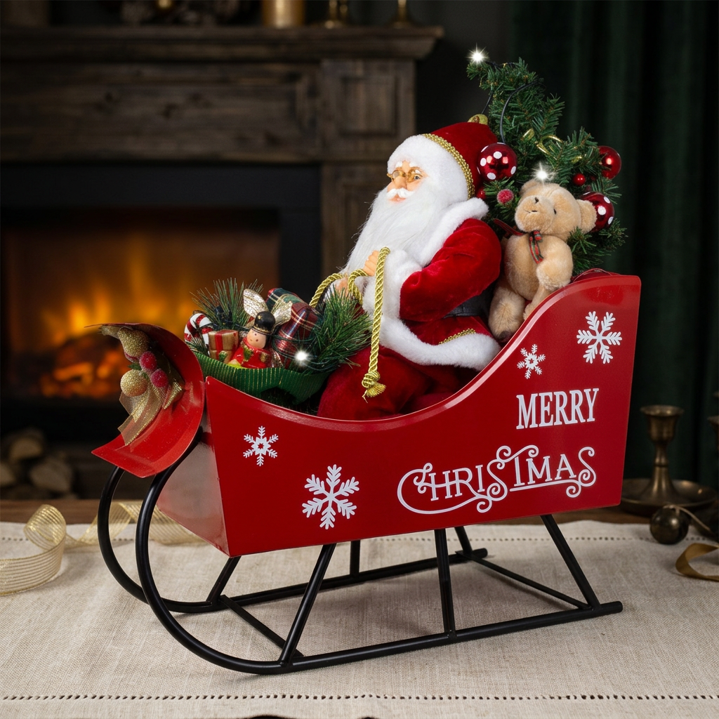 LED Weihnachtsmann im Schlitten 45cm mit Geschenken & Teddy