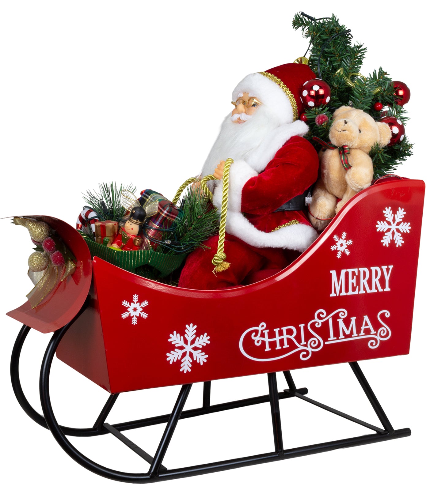 LED Weihnachtsmann im Schlitten 45cm Dekofigur Merry Christmas mit Geschenken & Teddy