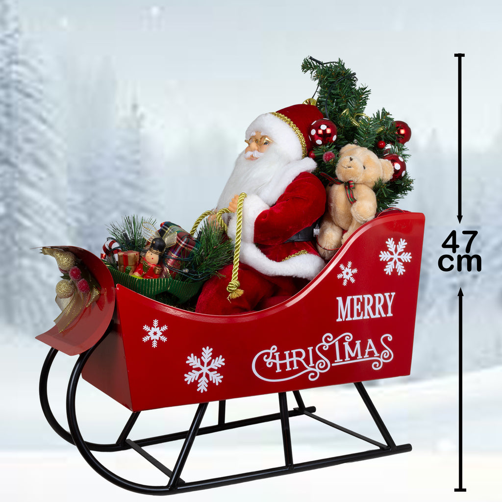 LED Weihnachtsmann im Schlitten 45cm mit Geschenken & Teddy