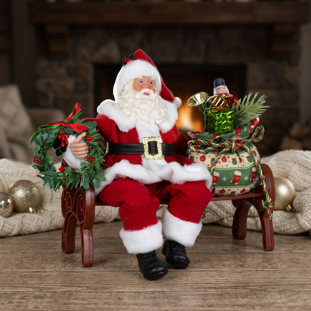 Weihnachtsmann Figur auf Bank mit Geschenksack & Kranz 28 cm
