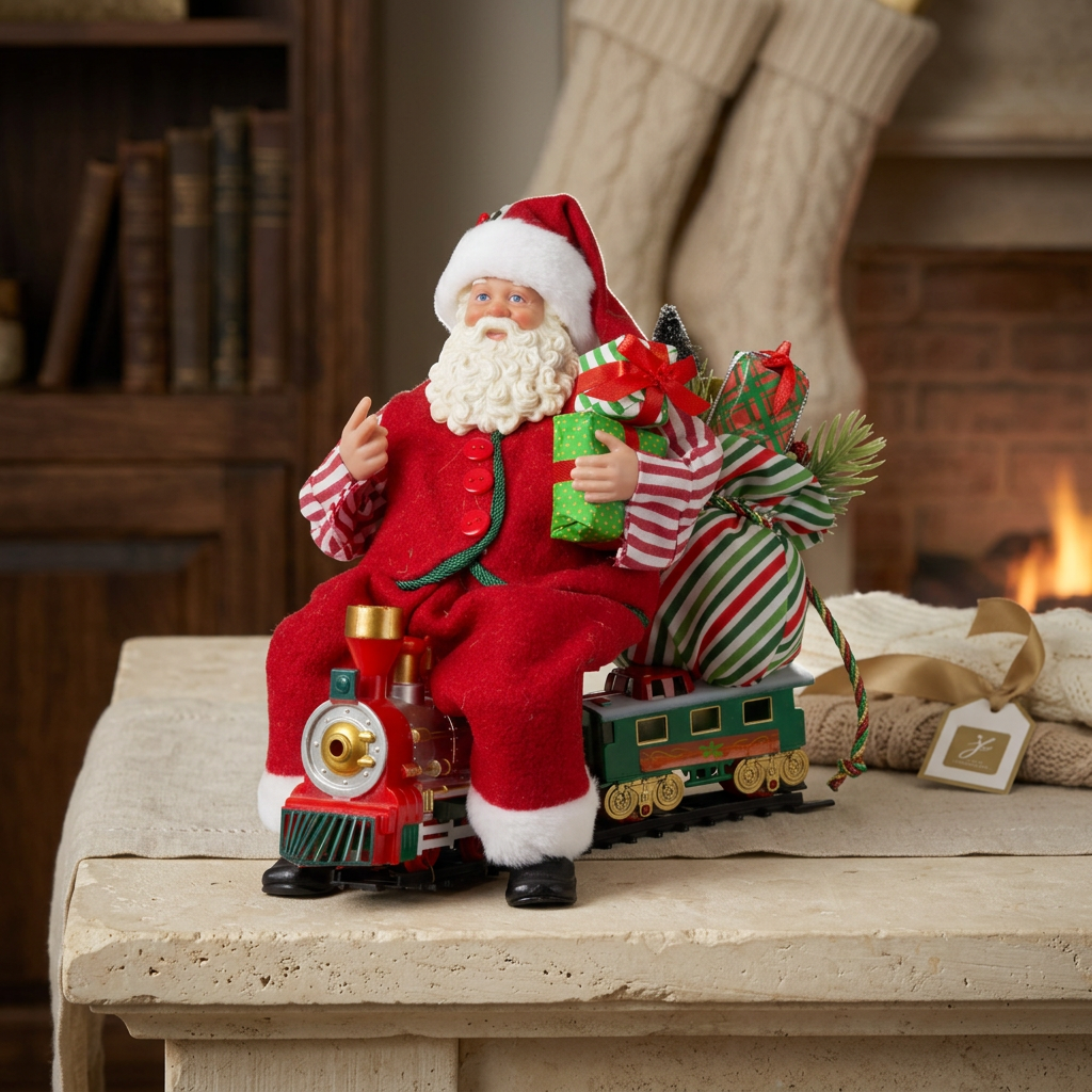 Weihnachtsmann Figur auf Lokomotive 28 cm Santa mit Geschenken & Zug