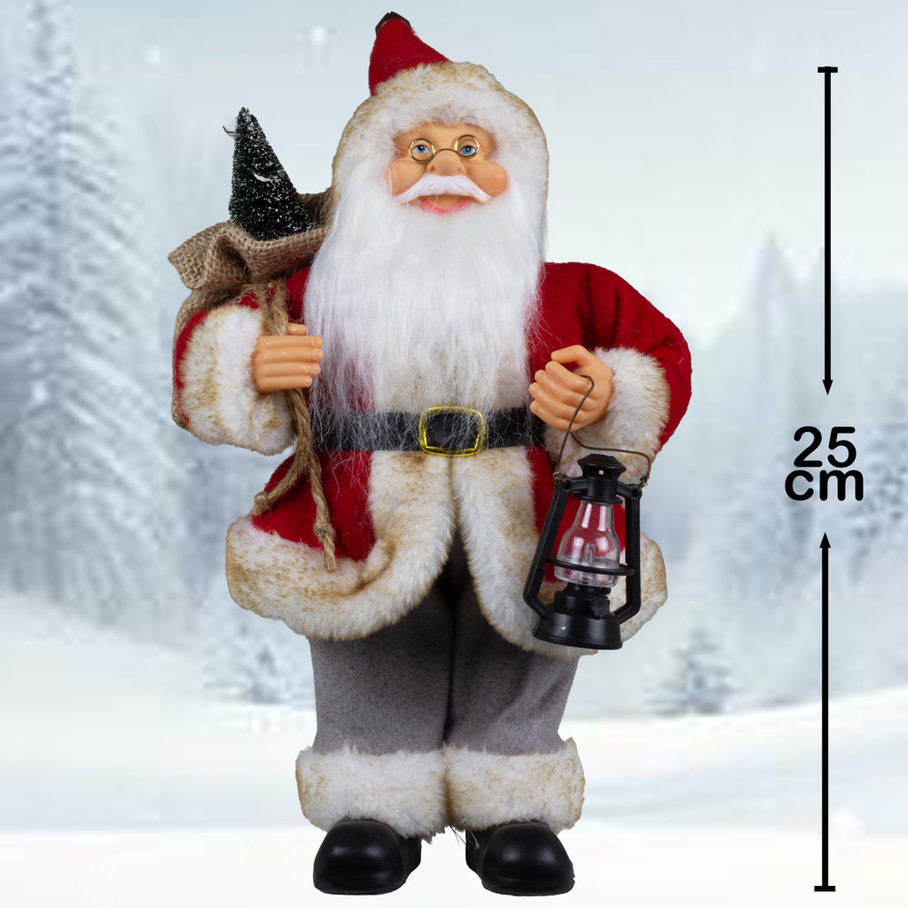 Weihnachtsmann stehend 25cm Santa Claus Dekofigur mit Laterne und Jutesack
