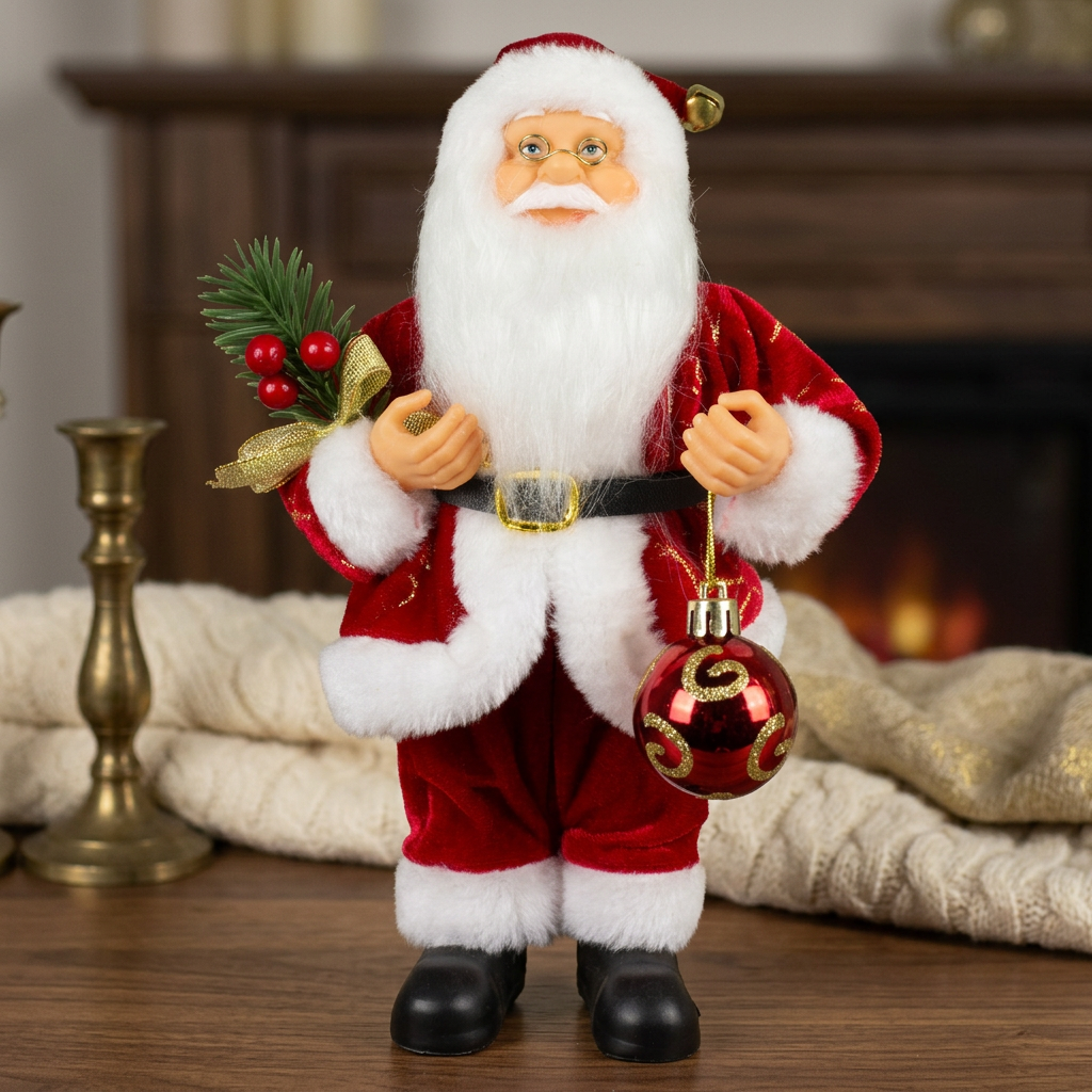Weihnachtsmann stehend 25cm, Santa Claus Dekofigur rot mit Kugel und Tannenzweigen