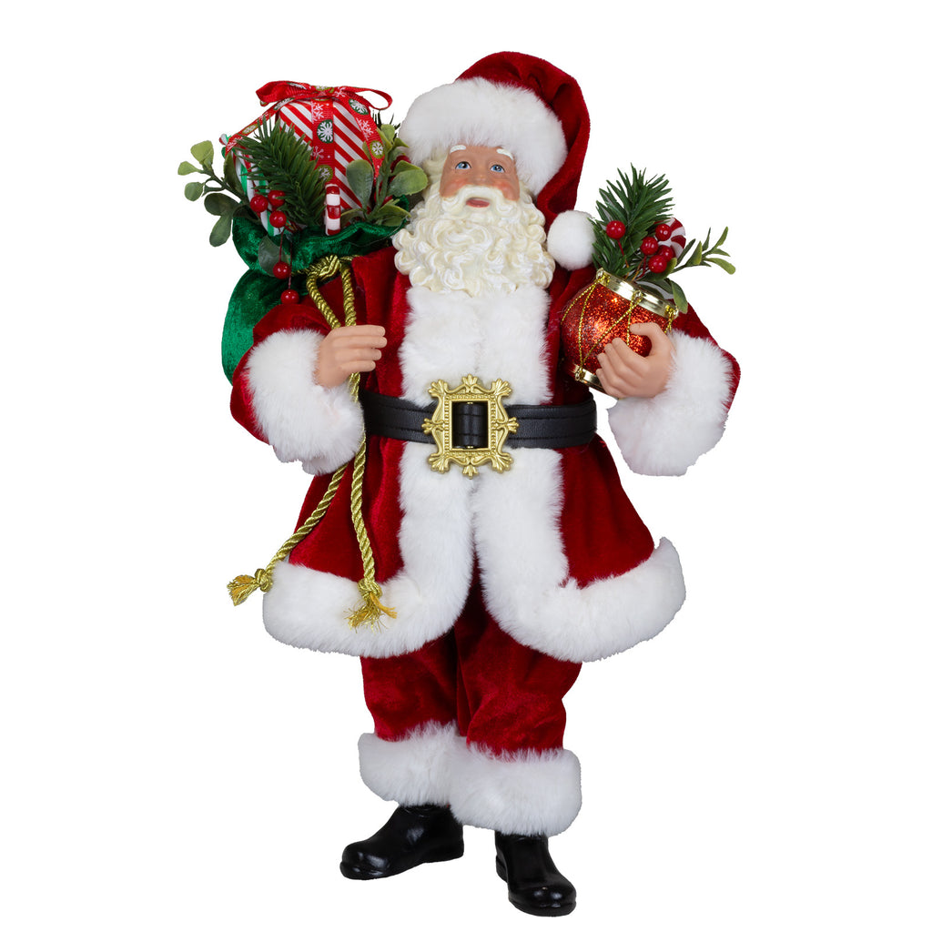 Weihnachtsmann stehend 38cm Santa Claus Dekofigur rot mit Geschenkpakete und Tannenzweigen