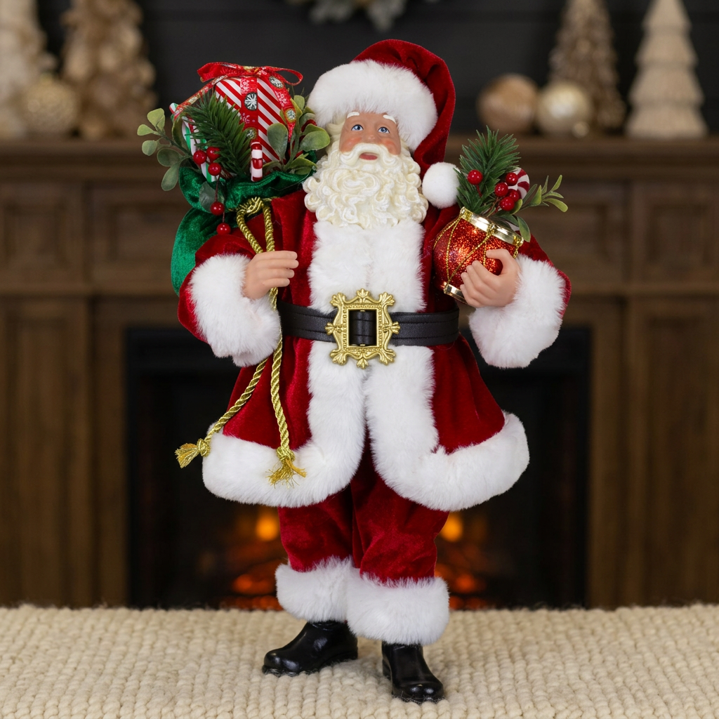 Weihnachtsmann stehend 38cm Santa Claus Dekofigur rot mit Geschenkpakete und Tannenzweigen