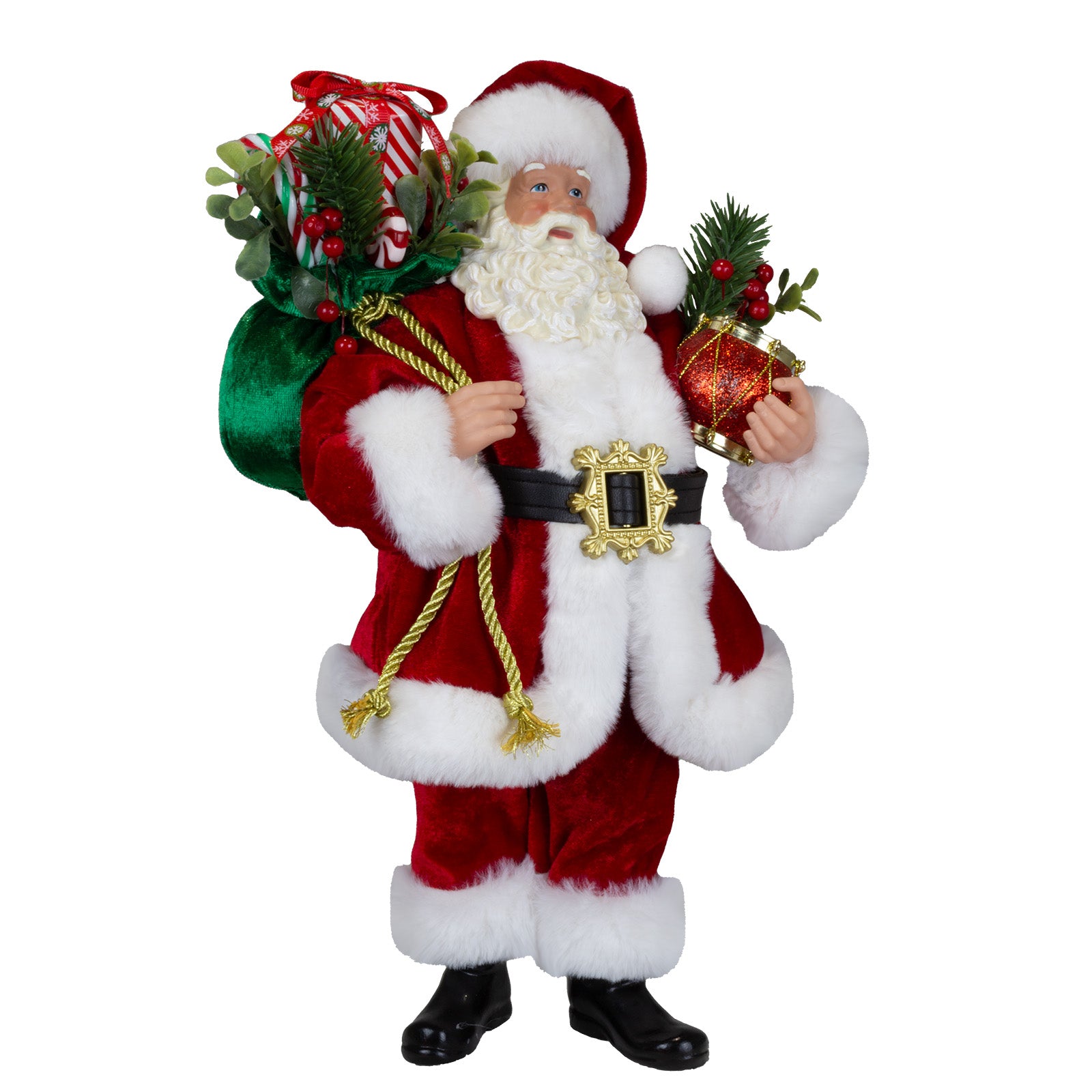 Weihnachtsmann stehend 38cm Santa Claus Dekofigur rot mit Geschenkpakete und Tannenzweigen