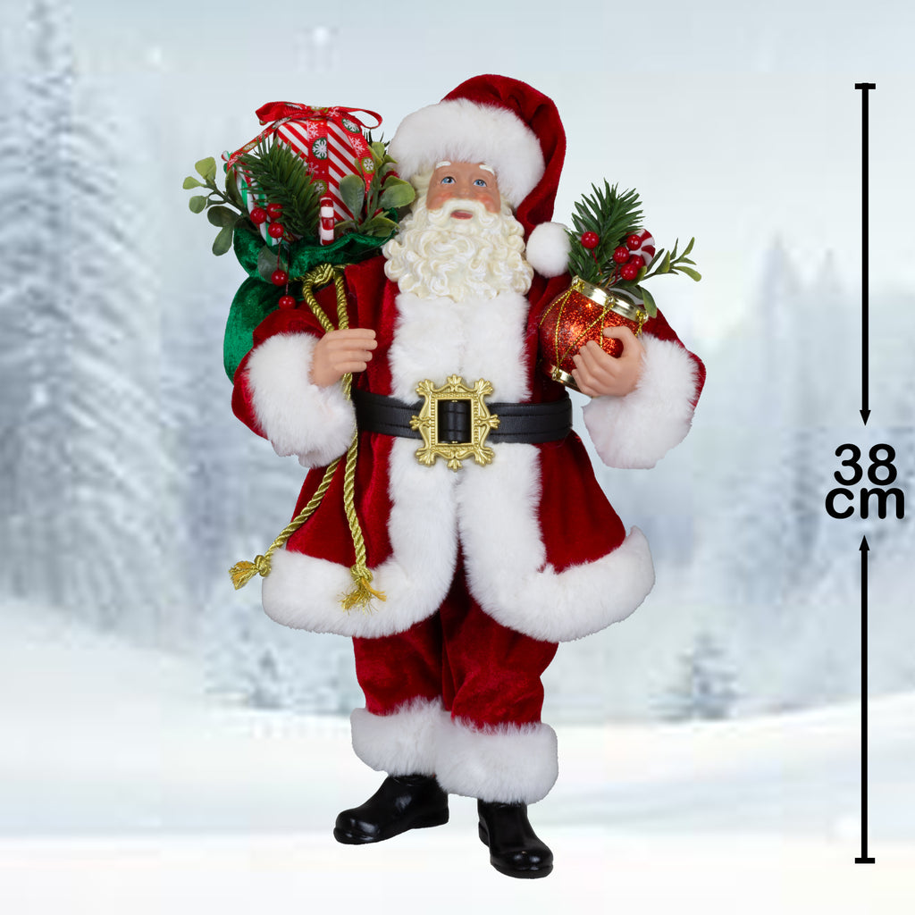 Weihnachtsmann stehend 38cm Santa Claus Dekofigur rot mit Geschenkpakete und Tannenzweigen