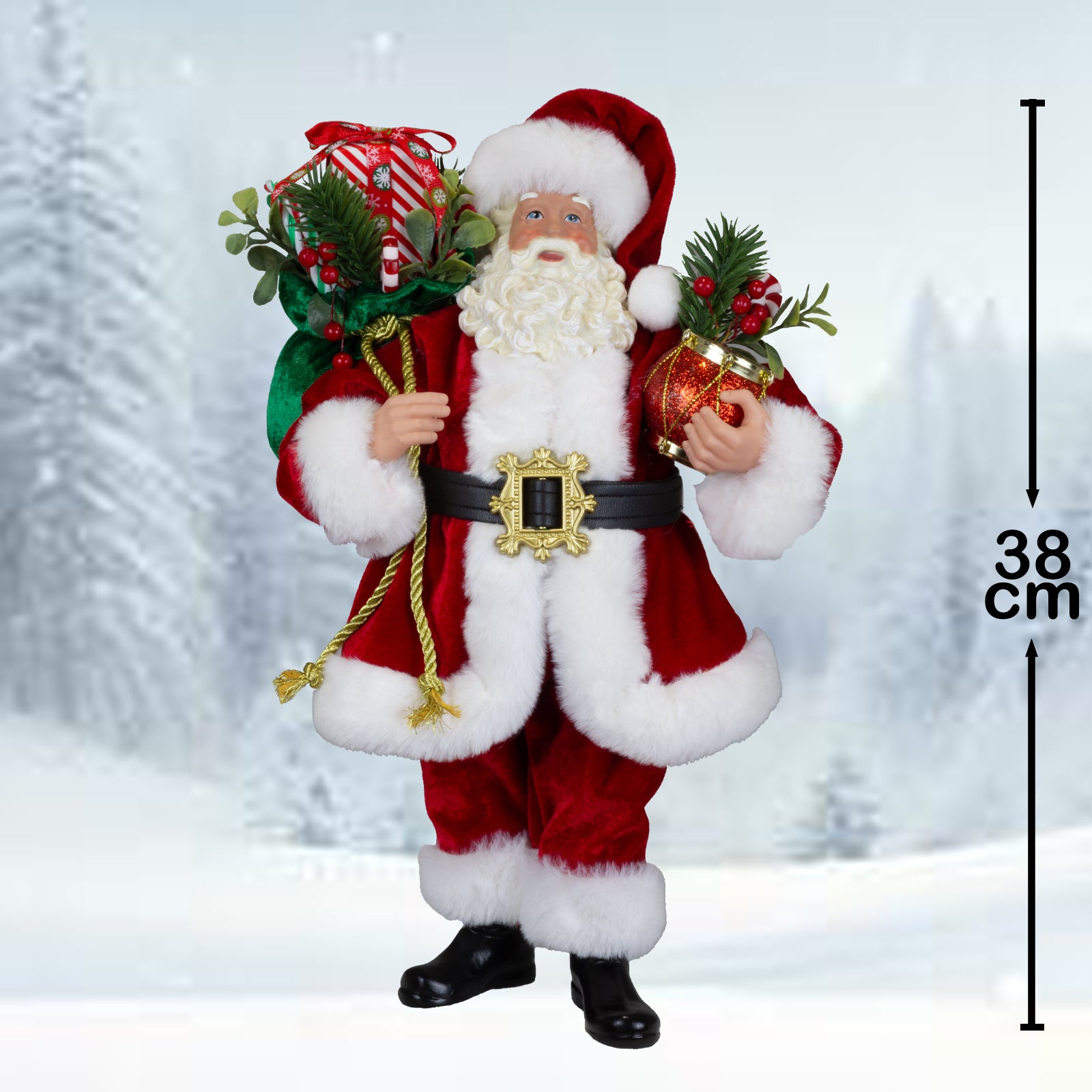 Weihnachtsmann stehend 38cm Santa Claus Dekofigur rot mit Geschenkpakete und Tannenzweigen
