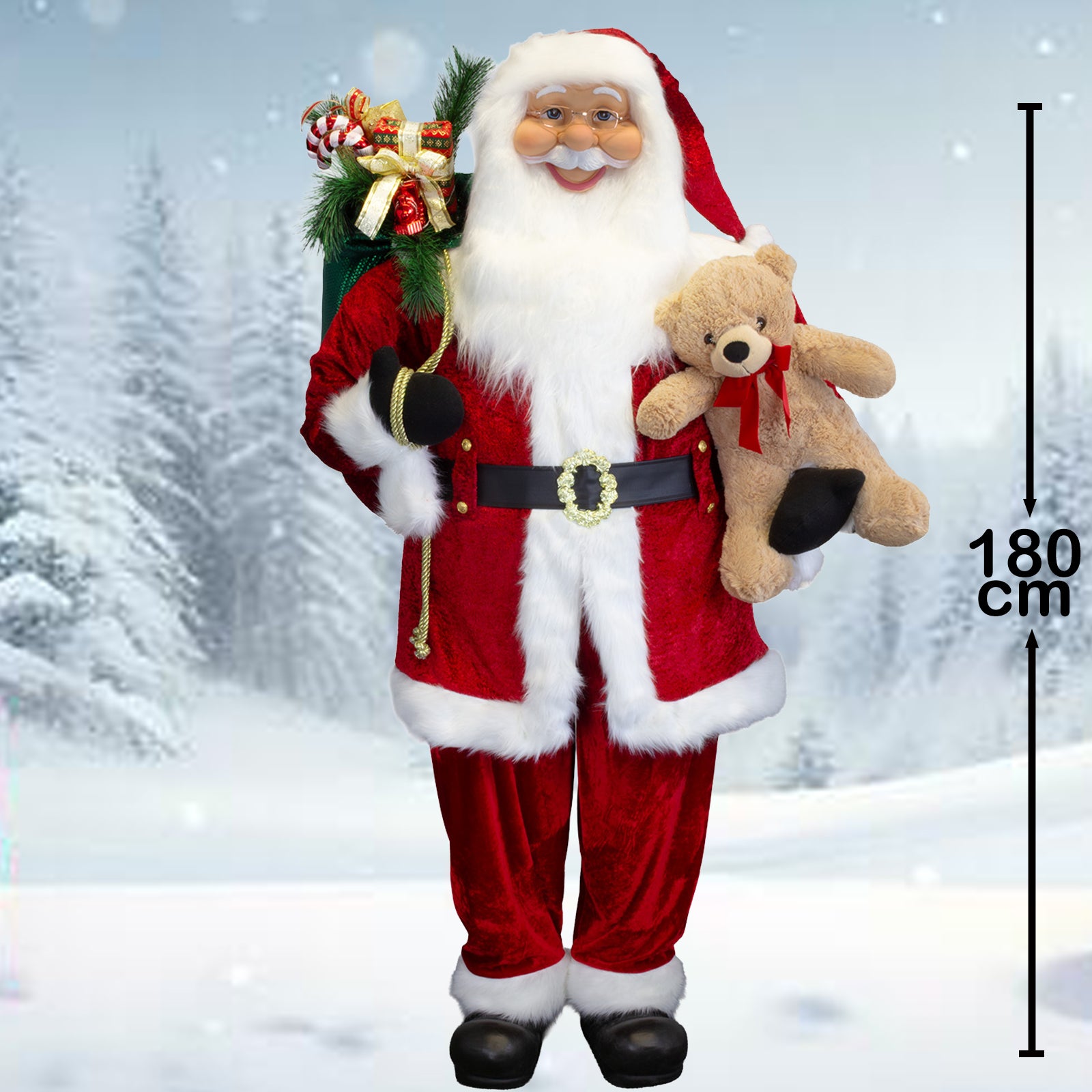 Weihnachtsmann 180cm mit rote, klassische Optik, Geschenkesack und Teddybär