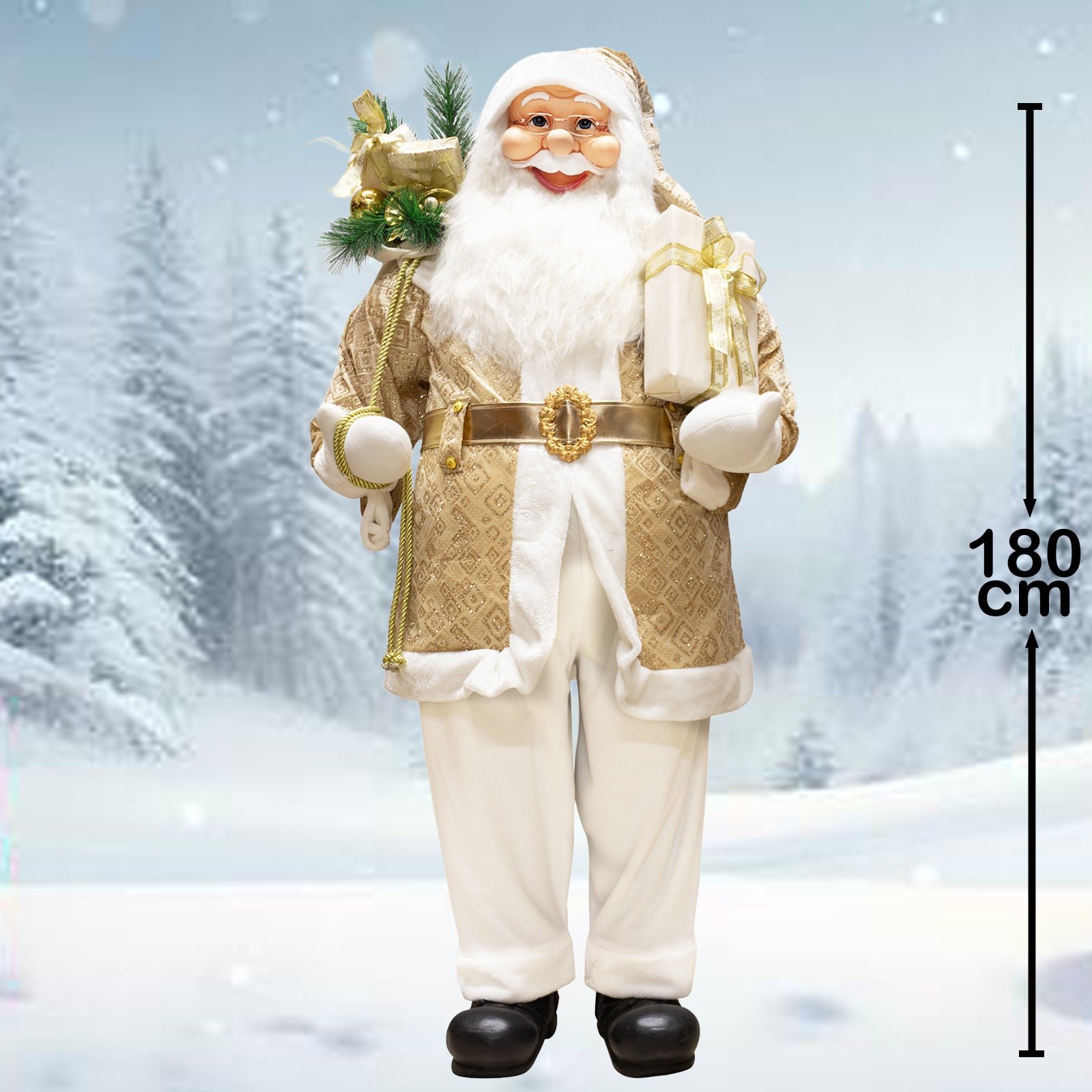 Weihnachtsmann 180cm Elegante Santa Figur in Creme & Gold mit weißem Bart