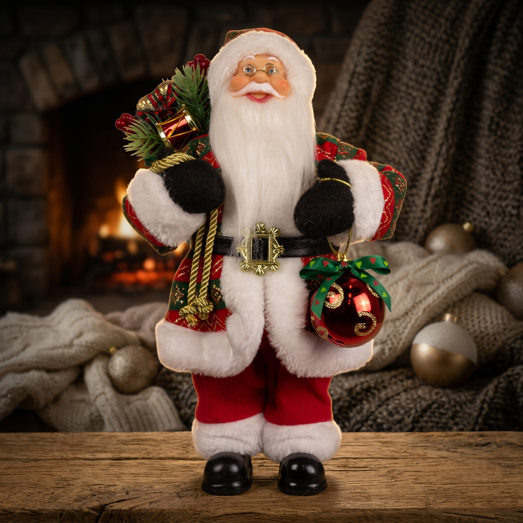 Christmas Santa 30cm Standing with Long Coat and Gifts