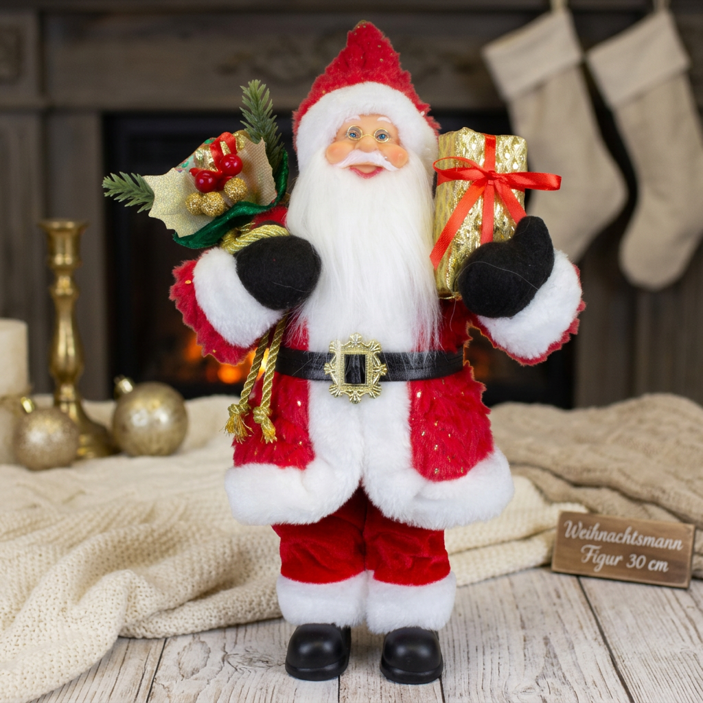 Weihnachtsmann Figur 30 cm – Santa mit langem Mantel in Rot & Gold | Festliche Weihnachtsdekoration