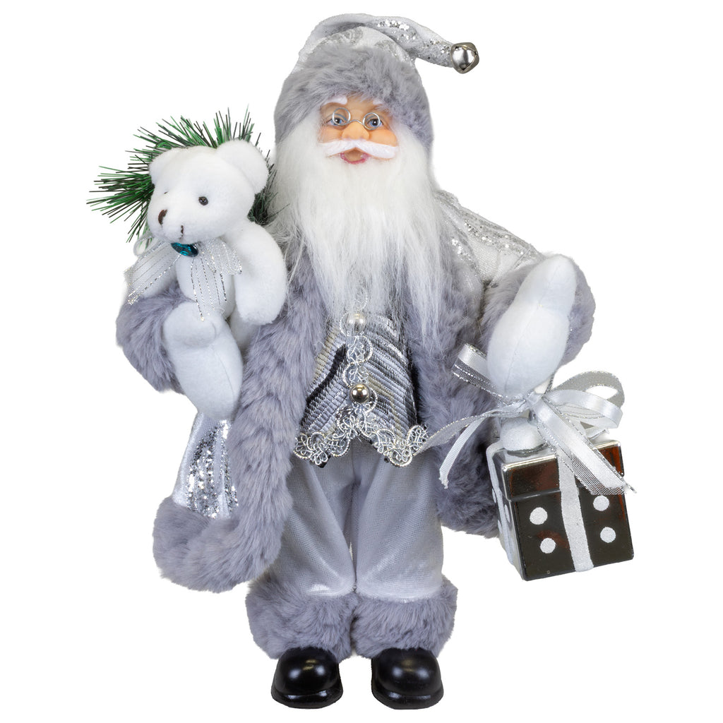 Santa Claus Figurine 30 cm – Standing Silver Santa with Gift | Festive Christmas Decoration
