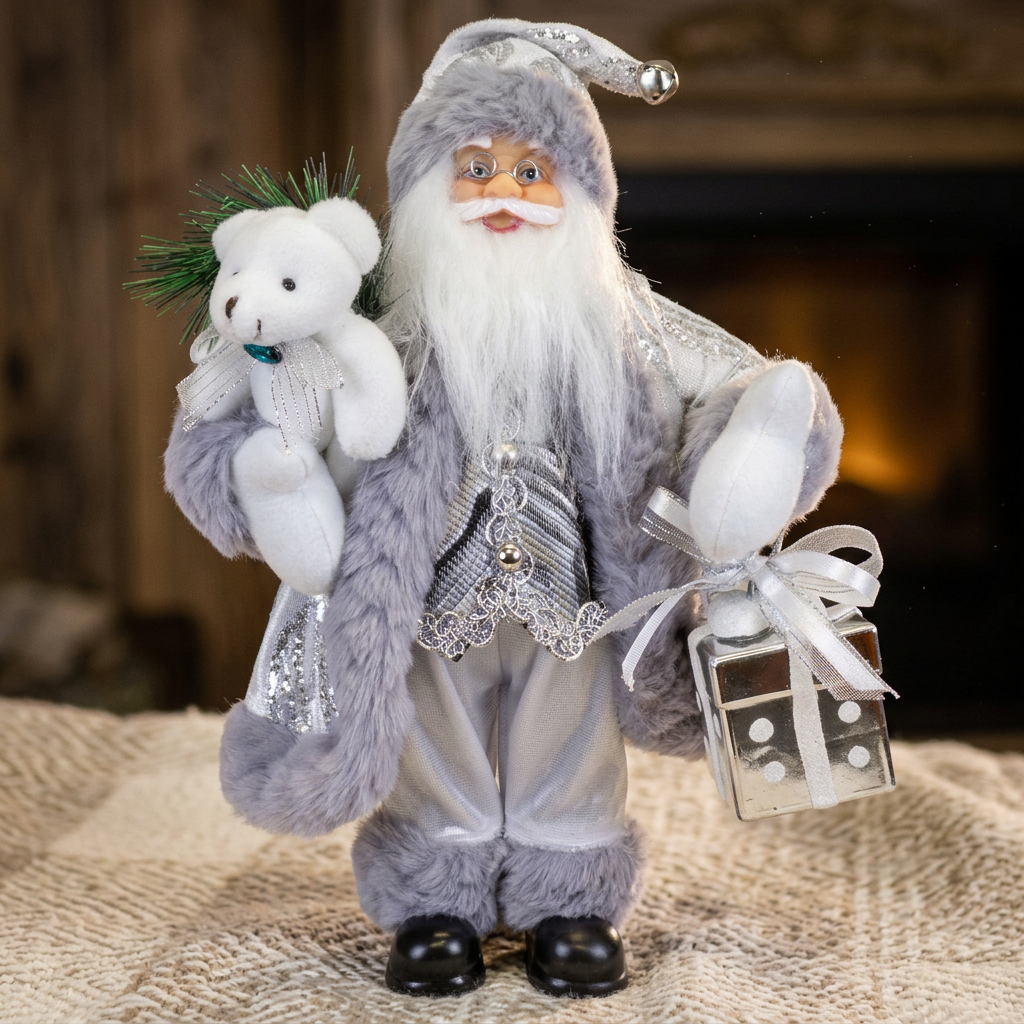 Weihnachtsmann Figur 30 cm – Stehender Santa in Silber mit Geschenk | Festliche Weihnachtsdekoration