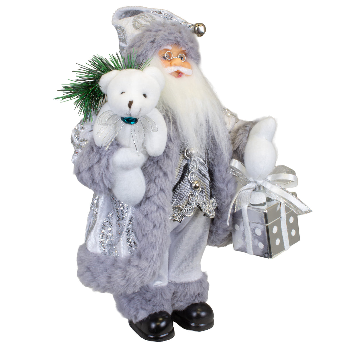 Santa Claus Figurine 30 cm – Standing Silver Santa with Gift | Festive Christmas Decoration