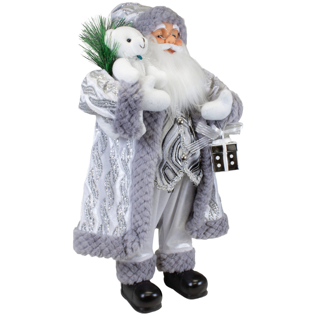 Weihnachtsmann Figur 60 cm – Stehender Santa in Silber mit Geschenk