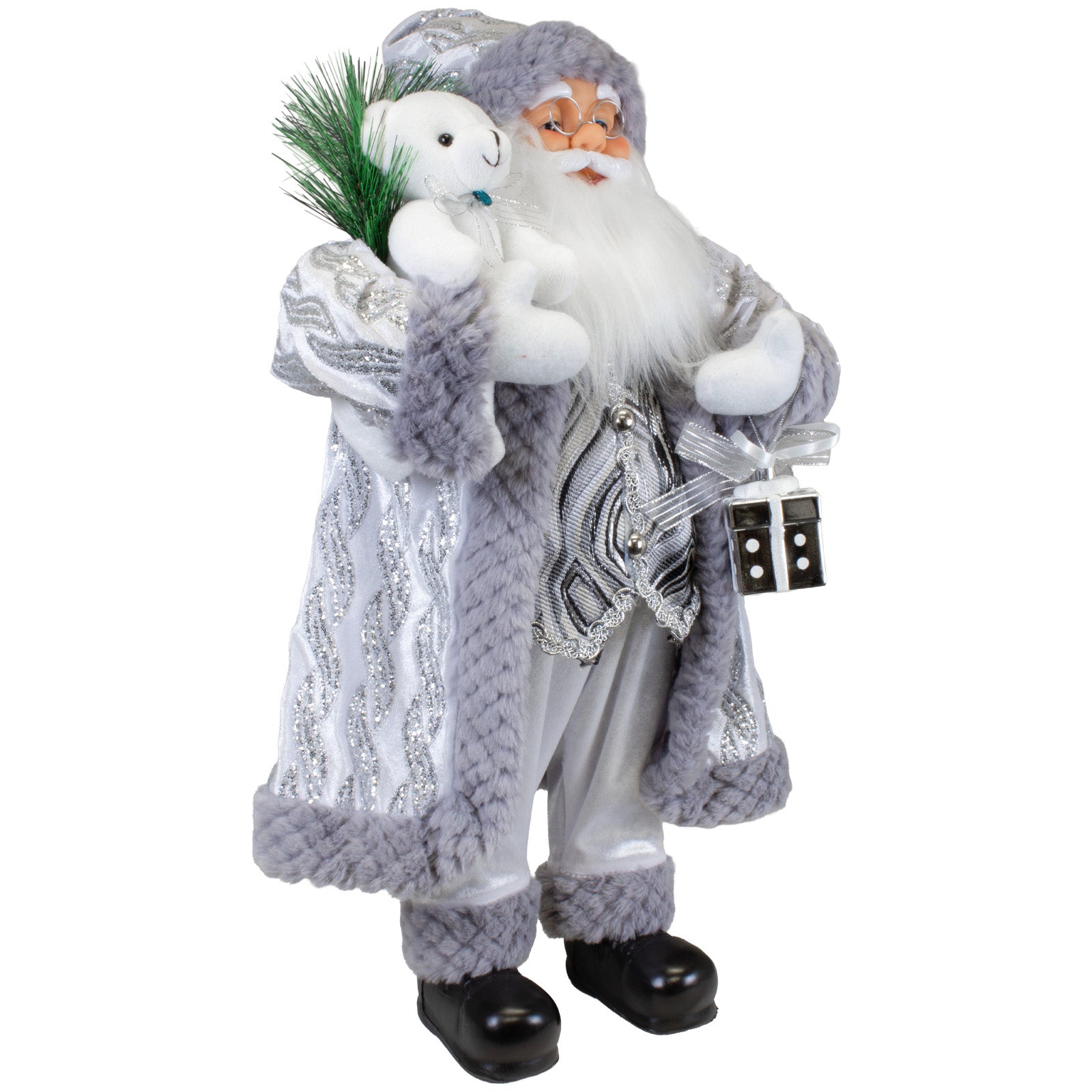 Weihnachtsmann Figur 60 cm – Stehender Santa in Silber mit Geschenk