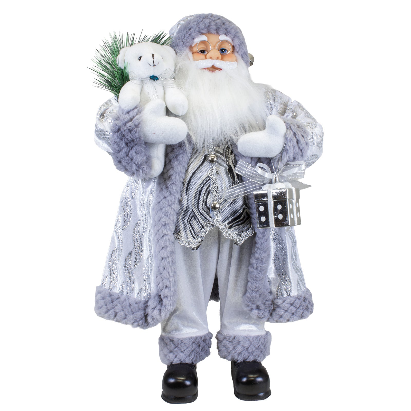 Weihnachtsmann Figur 60 cm – Stehender Santa in Silber mit Geschenk