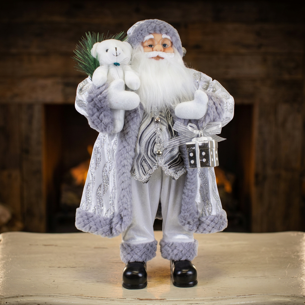 Weihnachtsmann Figur 60 cm – Stehender Santa in Silber mit Geschenk