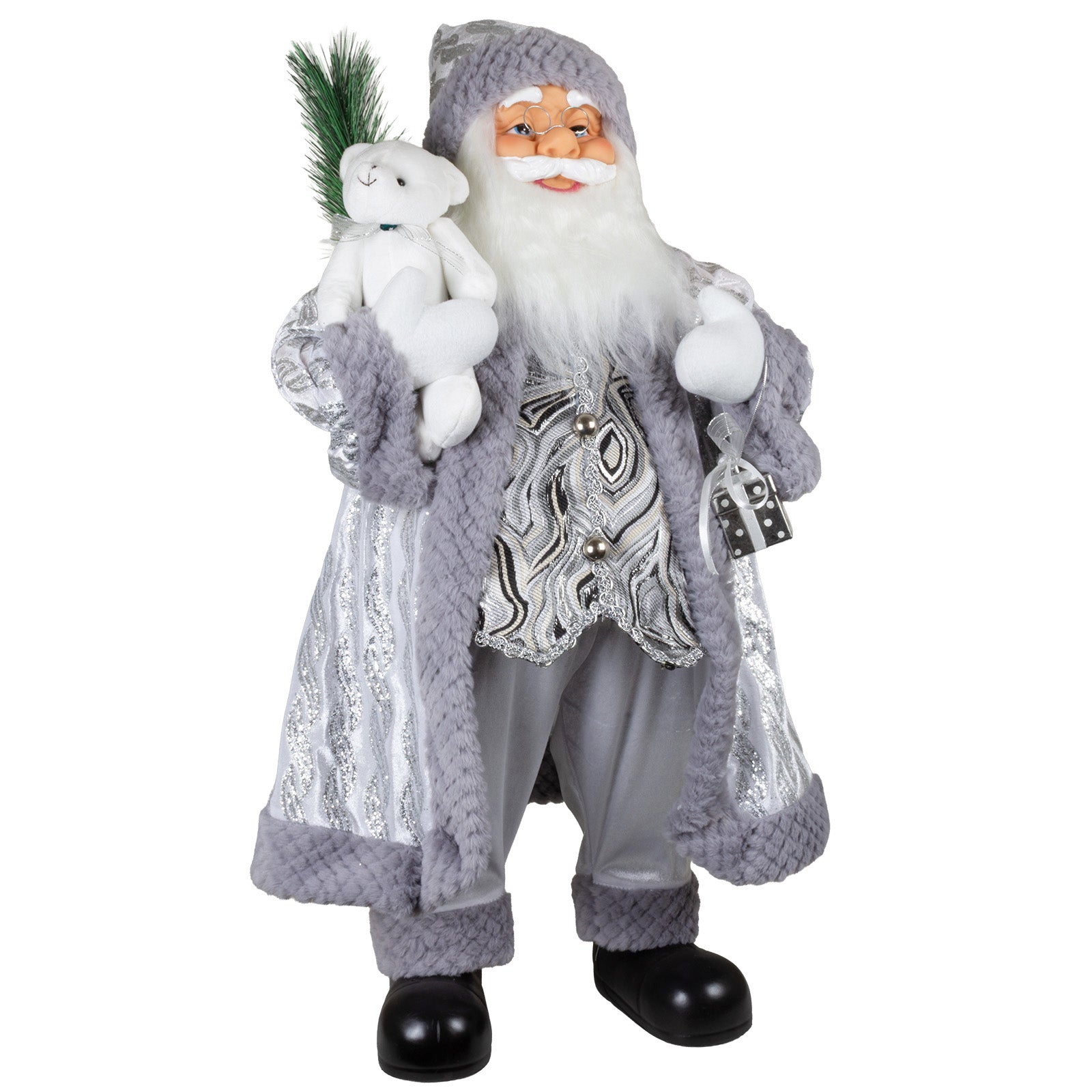Weihnachtsmann Figur 80 cm – Stehender Santa in Silber mit Geschenk