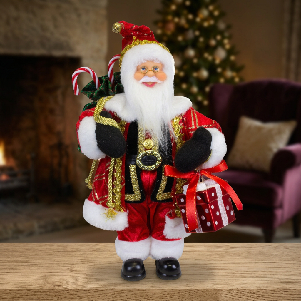Weihnachtsmann Figur 30 cm – Santa mit Geschenk in Rot & Gold | Festliche Weihnachtsdekoration
