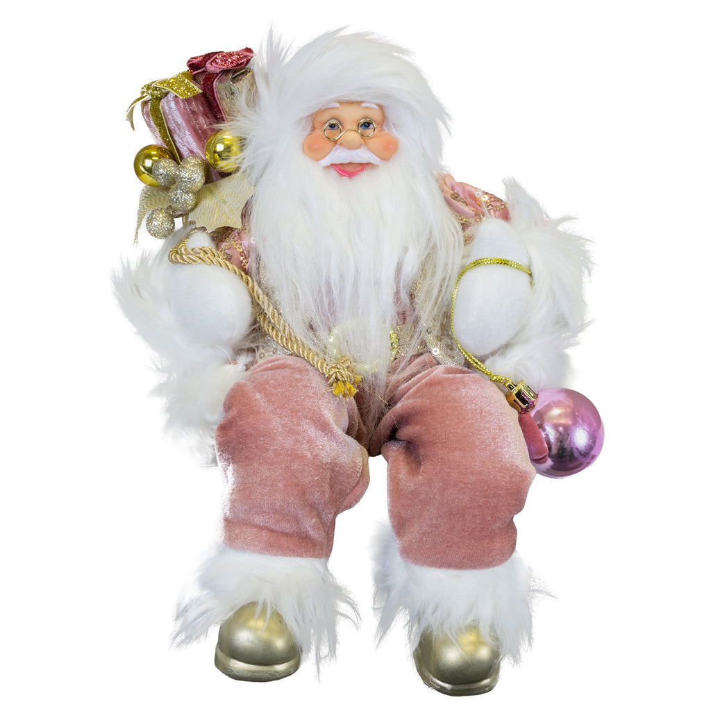 Weihnachtsmann Figur 30cm Kantenhocker – Rosa Santa mit goldenen Details | Stilvolle Weihnachtsdekoration