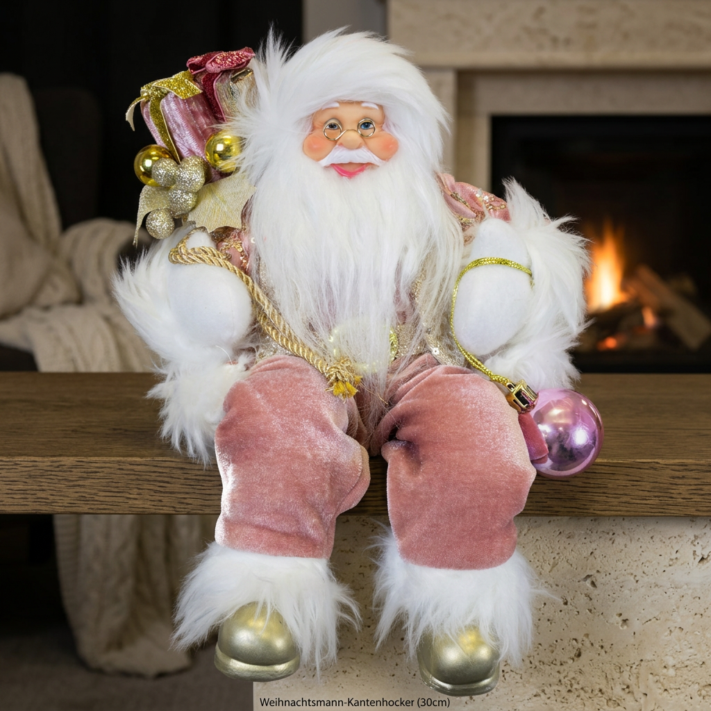 Weihnachtsmann Figur 30cm Kantenhocker – Rosa Santa mit goldenen Details | Stilvolle Weihnachtsdekoration