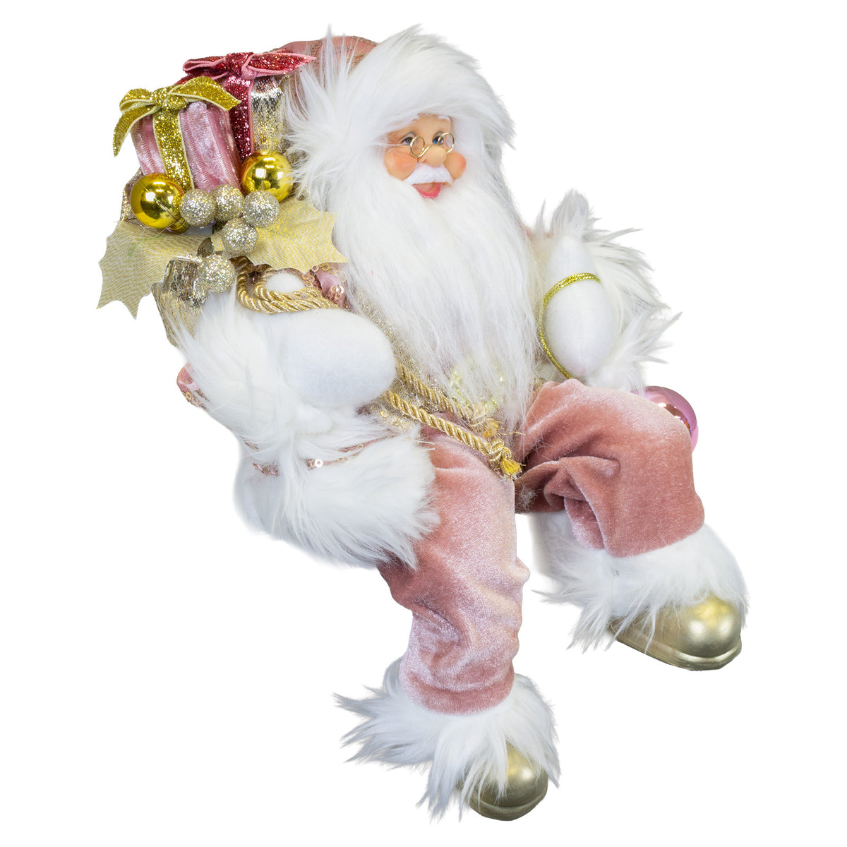 Weihnachtsmann Figur 30cm Kantenhocker – Rosa Santa mit goldenen Details | Stilvolle Weihnachtsdekoration