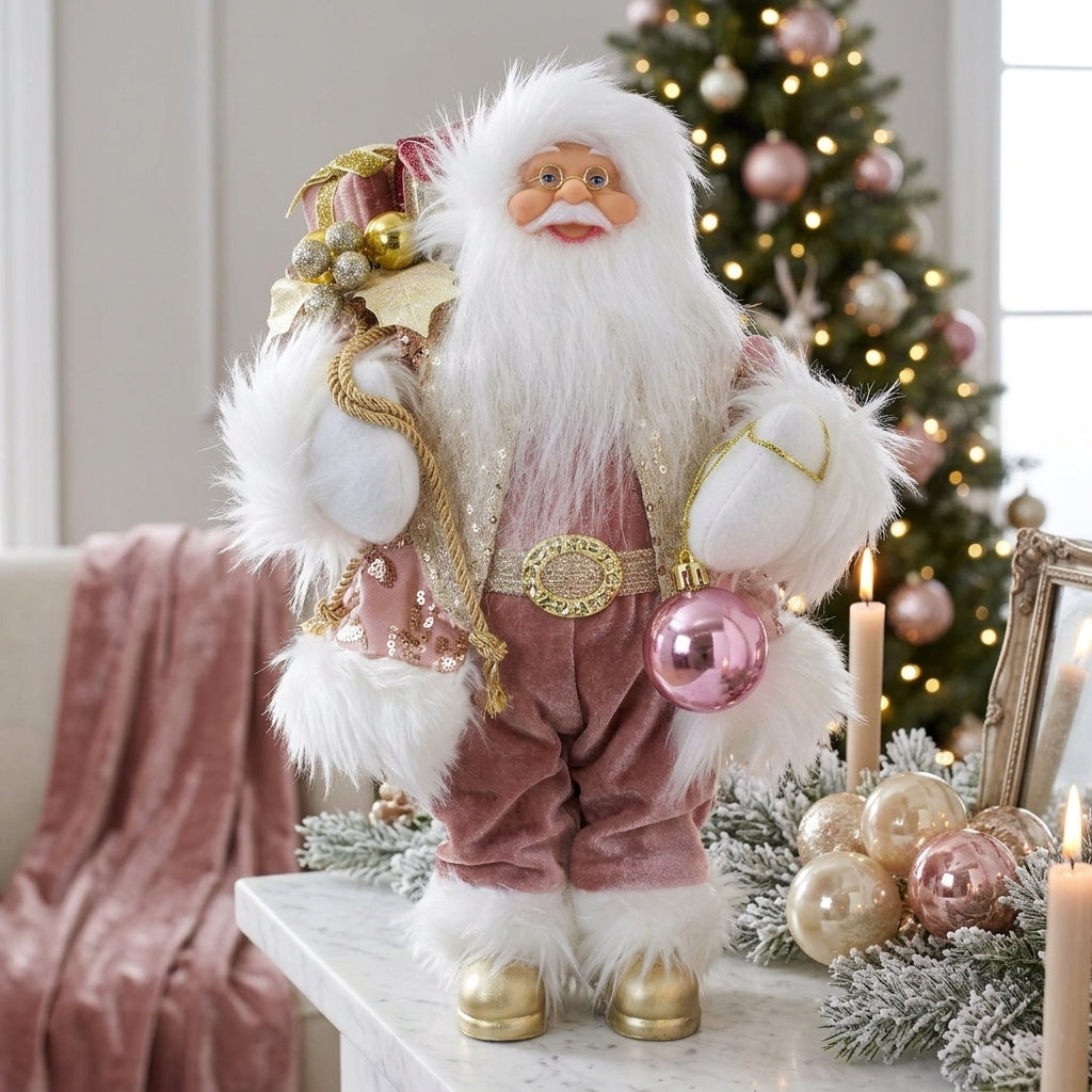 Santa Claus Figurine 30 cm – Pink Santa with Golden Details | Elegant Christmas Decoration