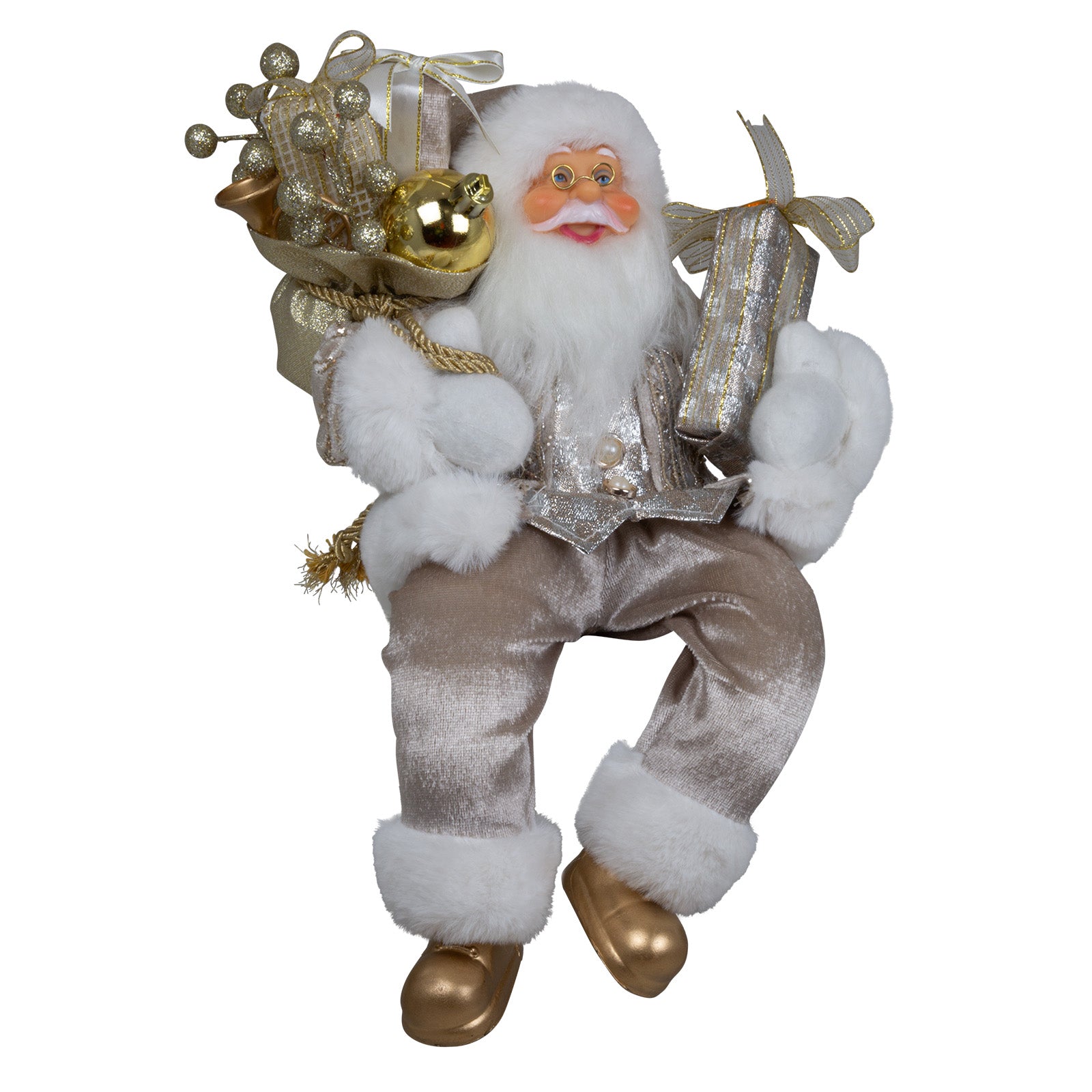 Weihnachtsmann 30cm Santa mit goldenem Mantel und Geschenken Kantenhocker
