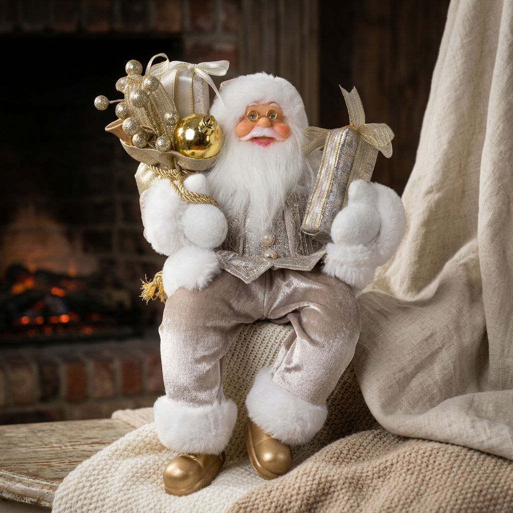 Weihnachtsmann 30cm Santa mit goldenem Mantel und Geschenken Kantenhocker