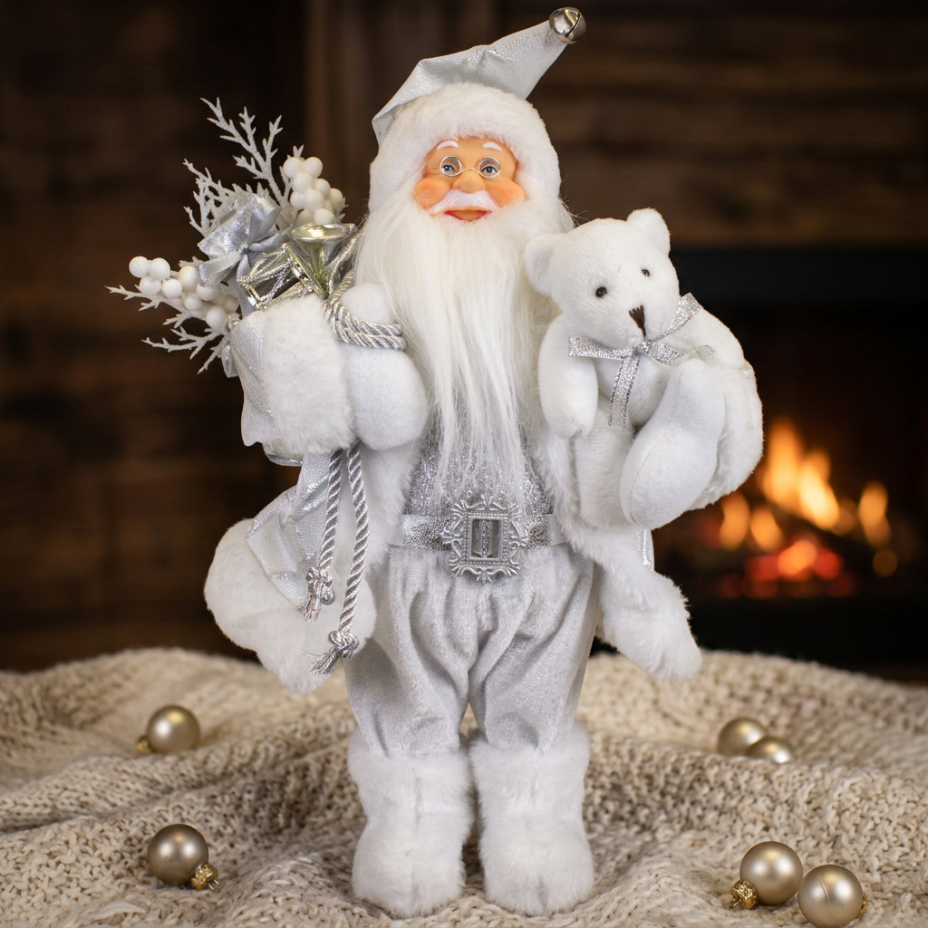 Weihnachtsmann Figur 30 cm – Santa mit weißem Mantel | Elegante Weihnachtsdekoration