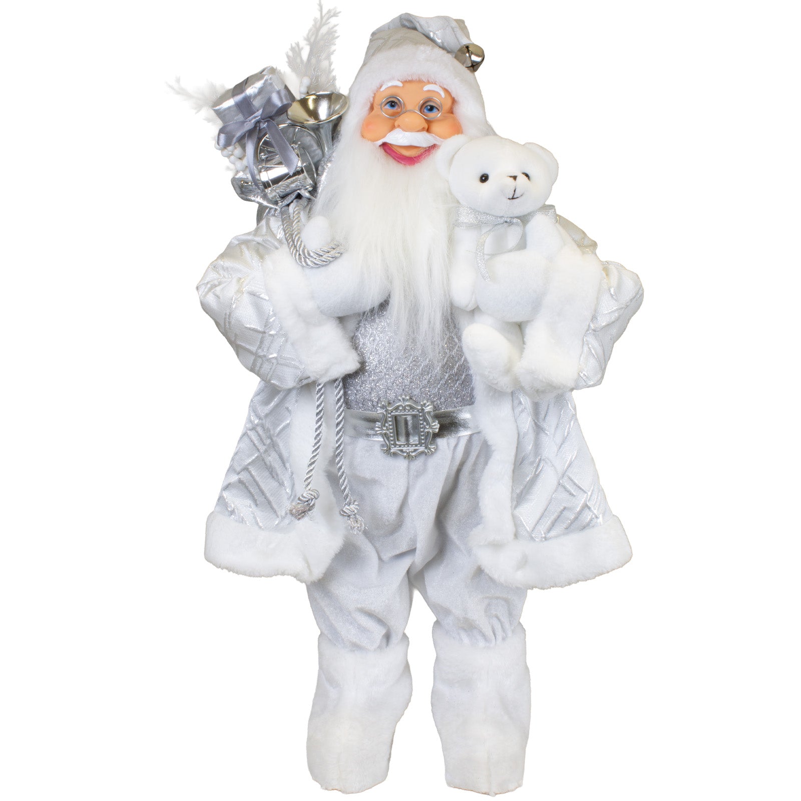 Weihnachtsmann Elegant 60 cm Weiß Silber mit Plüschbär & Geschenkesack