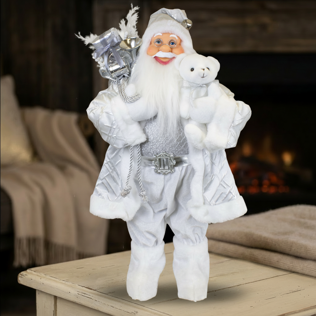 Weihnachtsmann Elegant 60 cm Weiß Silber mit Plüschbär & Geschenkesack