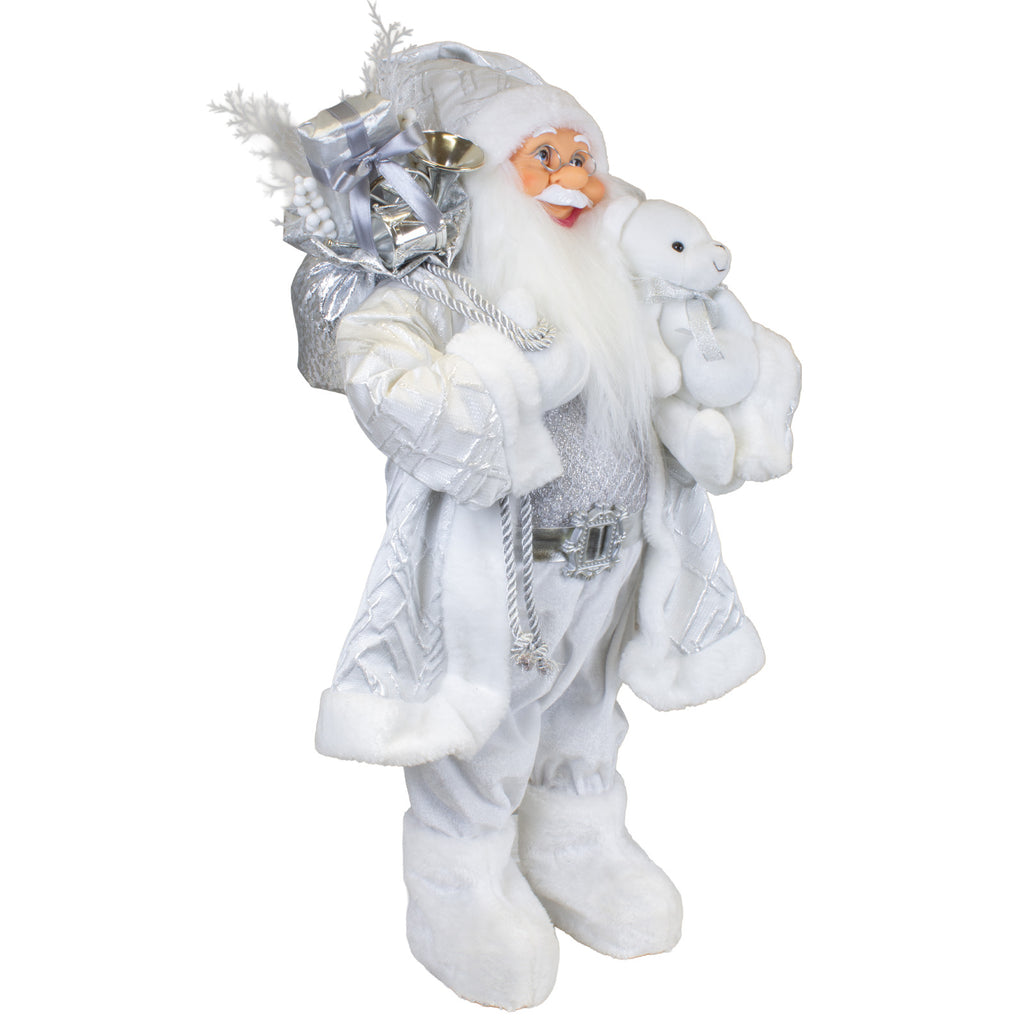 Weihnachtsmann Elegant 60 cm Weiß Silber mit Plüschbär & Geschenkesack
