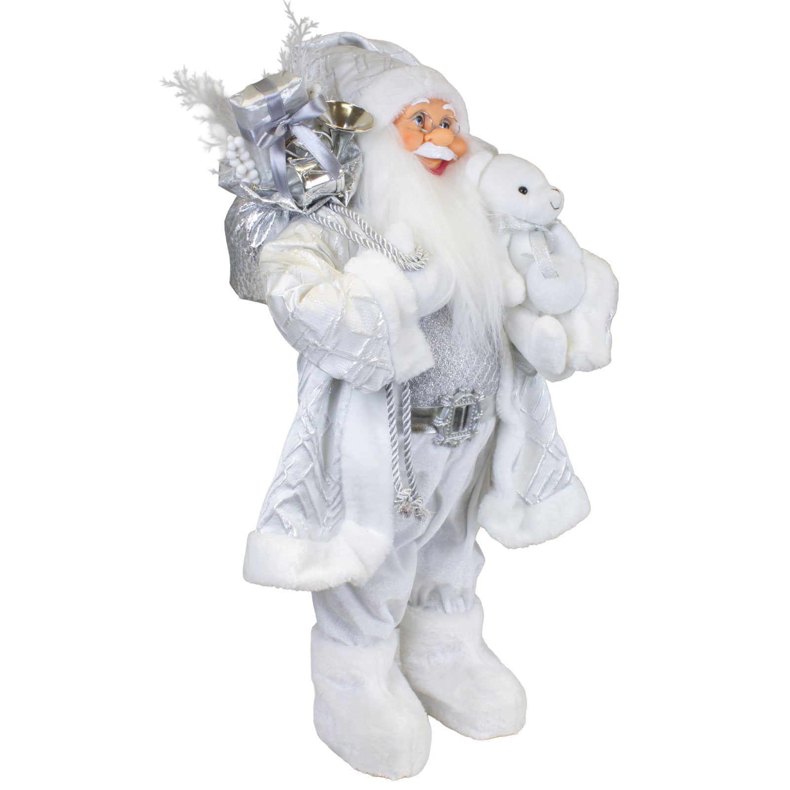 Weihnachtsmann Elegant 60 cm Weiß Silber mit Plüschbär & Geschenkesack