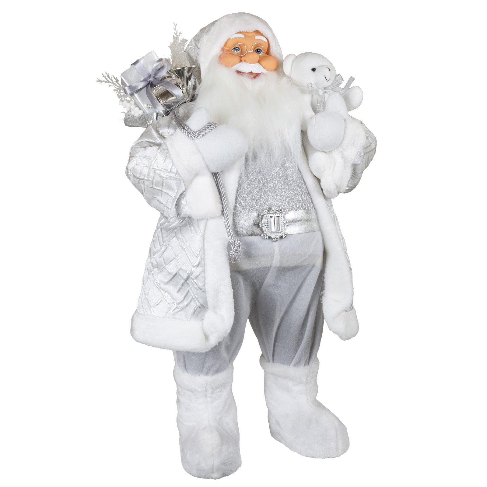 Santa Claus 80 cm White Silver with Gift Sack and Plush Figure