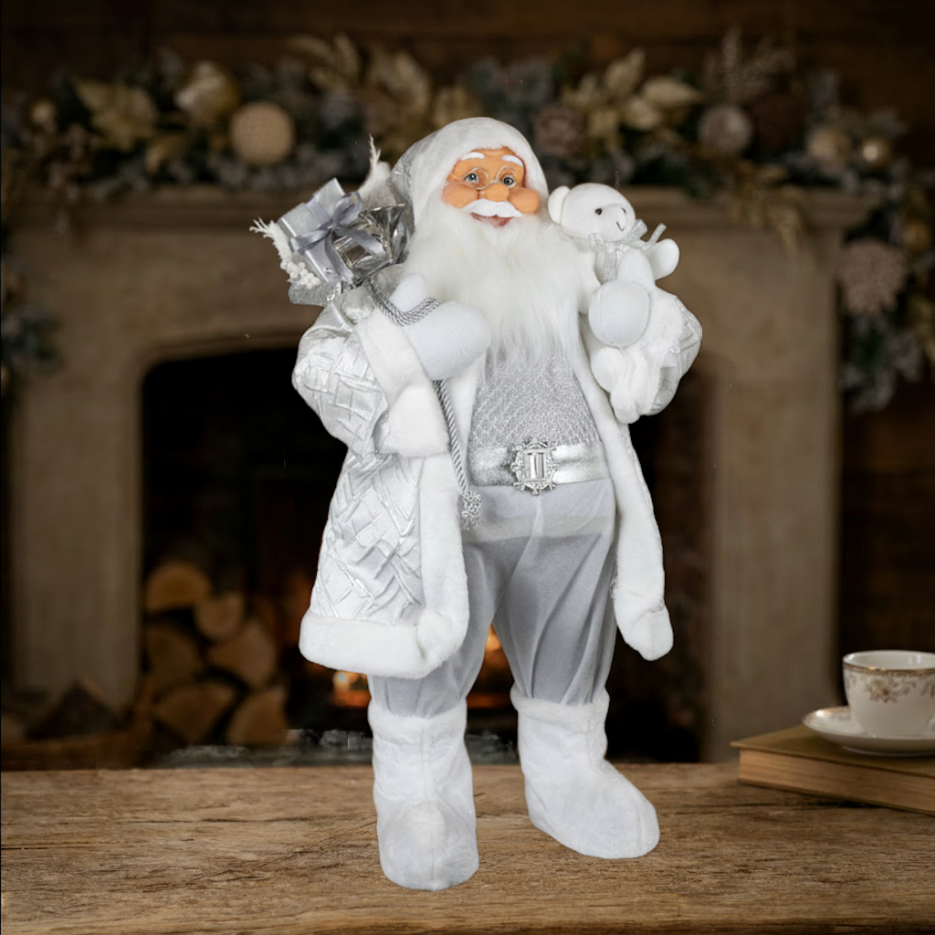 Santa Claus 80 cm White Silver with Gift Sack and Plush Figure