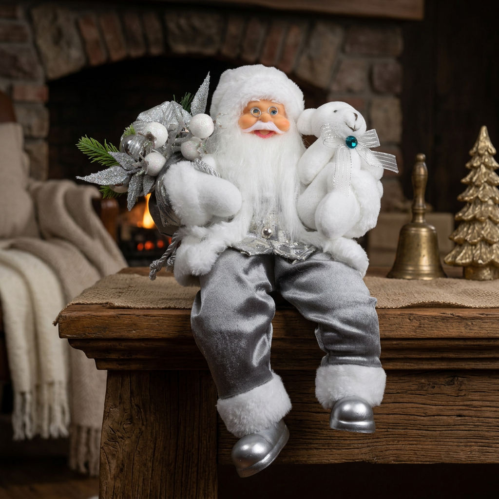 Weihnachtsmann 30 cm Santa mit Kurzem Mantel Teddybär & Geschenken Kantenhocker