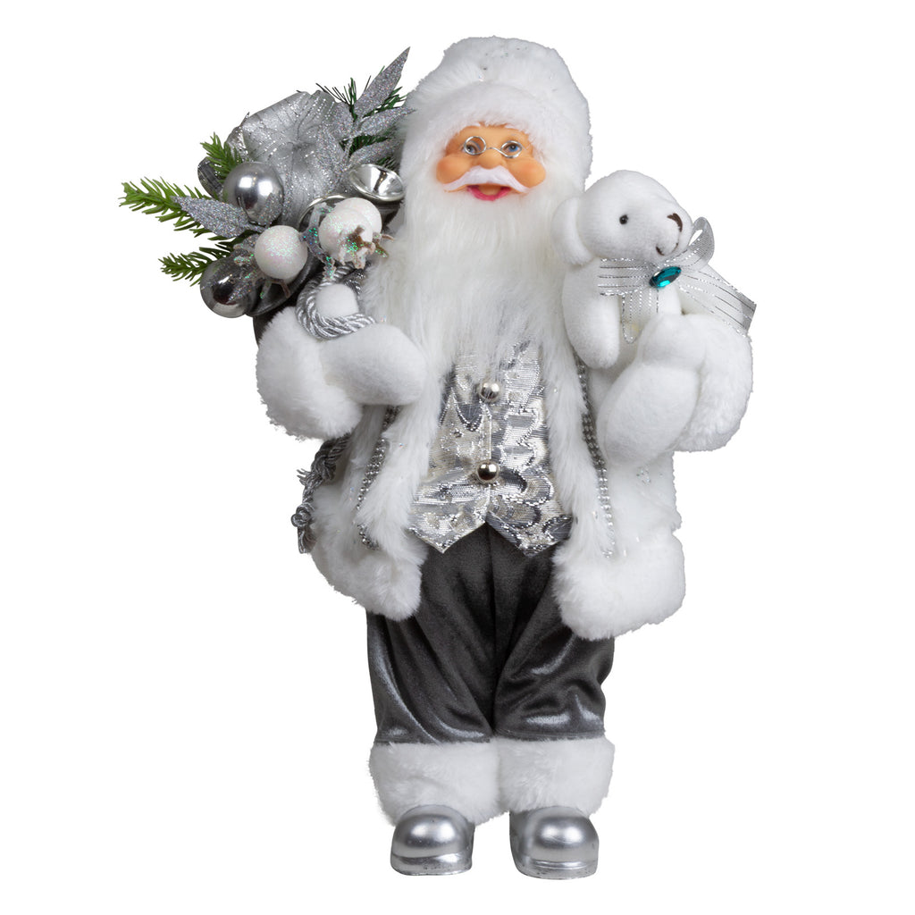 Weihnachtsmann 30 cm stehend mit Kurzem Mantel Teddybär & Geschenken